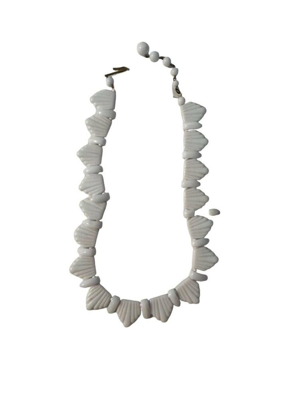 Vintage White Glass Beaded Necklace Shell Style Mid Century 14 Inch